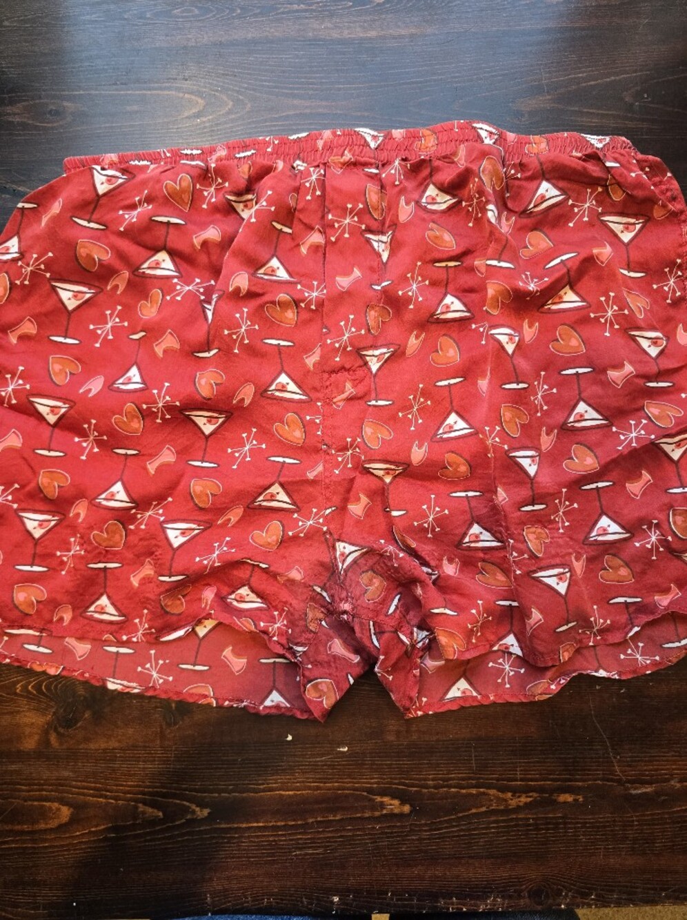 100% Silk Martini & Hearts Boxer Shorts Pajama Bottoms Red - Size XL
